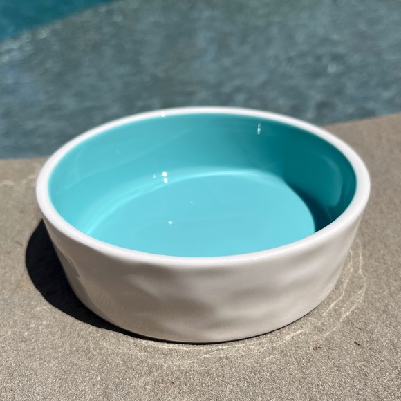 Rae Dunn Pet Bowl White & Turquoise DRINK Artisan Collection By Magenta Dimples - Picture 3 of 8